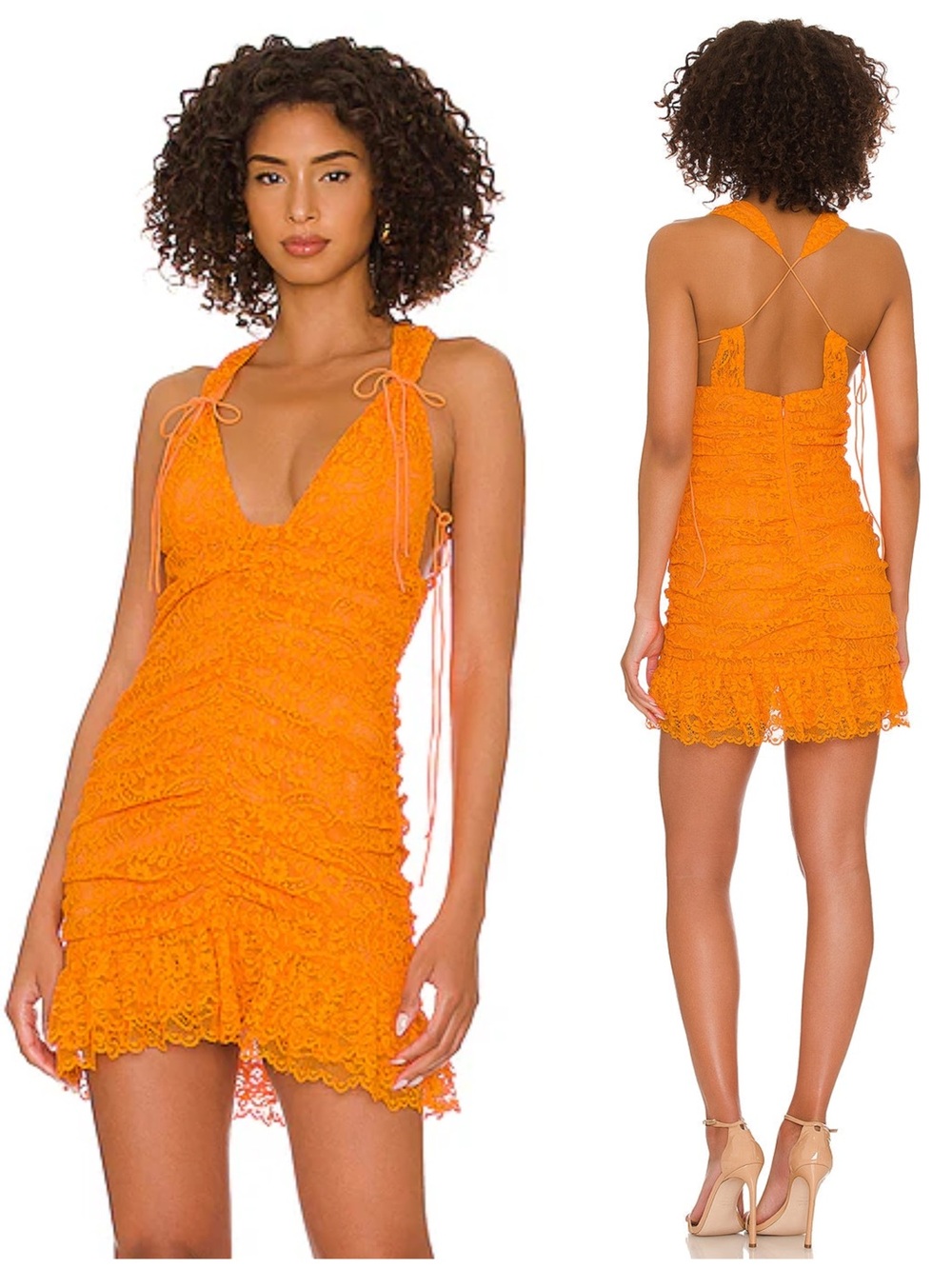 For Love & Lemons Jamie Orange Lace V-Neck Scalloped Hem Mini Dress NET $252
